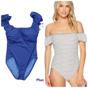 NWT Vince Camuto Ruffle Off-The-Shoulder One-Piece Swimsuit New Navy|Size 8